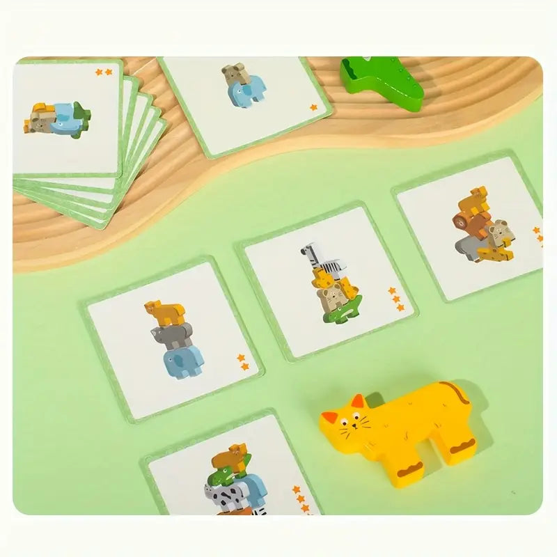 🦁 Zoo Apilable con Retos – Animales de Madera Didácticos