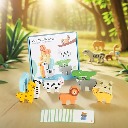 🦁 Zoo Apilable con Retos – Animales de Madera Didácticos