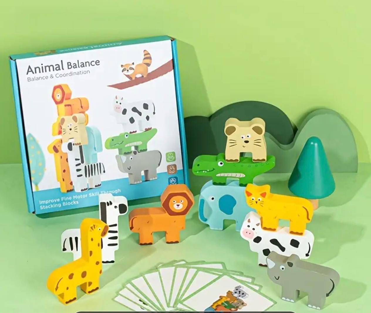 🦁 Zoo Apilable con Retos – Animales de Madera Didácticos