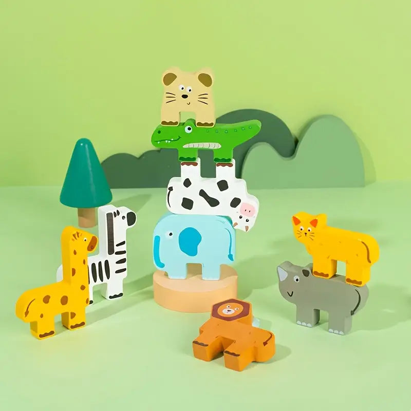 🦁 Zoo Apilable con Retos – Animales de Madera Didácticos