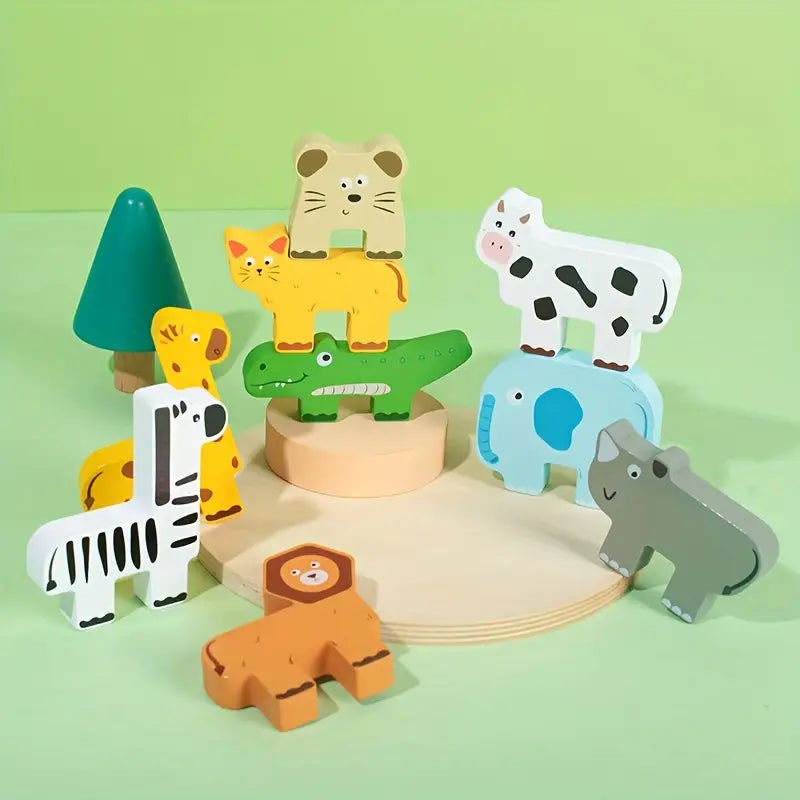 🦁 Zoo Apilable con Retos – Animales de Madera Didácticos