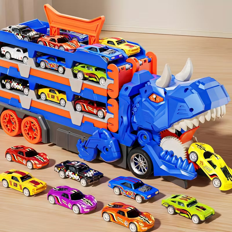 Camión Dinosaurio Garage – Transportador de Autos con Pista Extensible