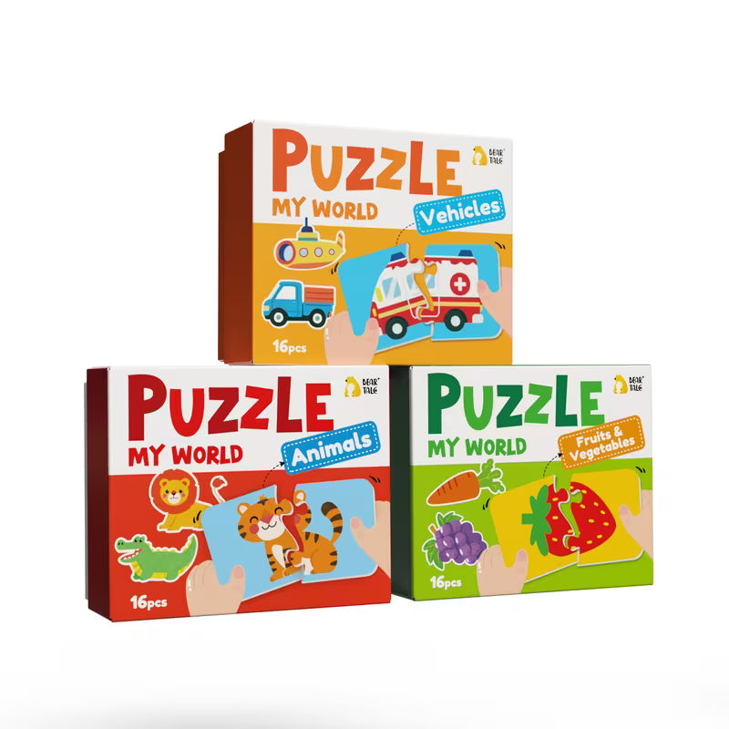 Rompecabezas de 2 Piezas Montessori – Animales, Frutas y Vehículos