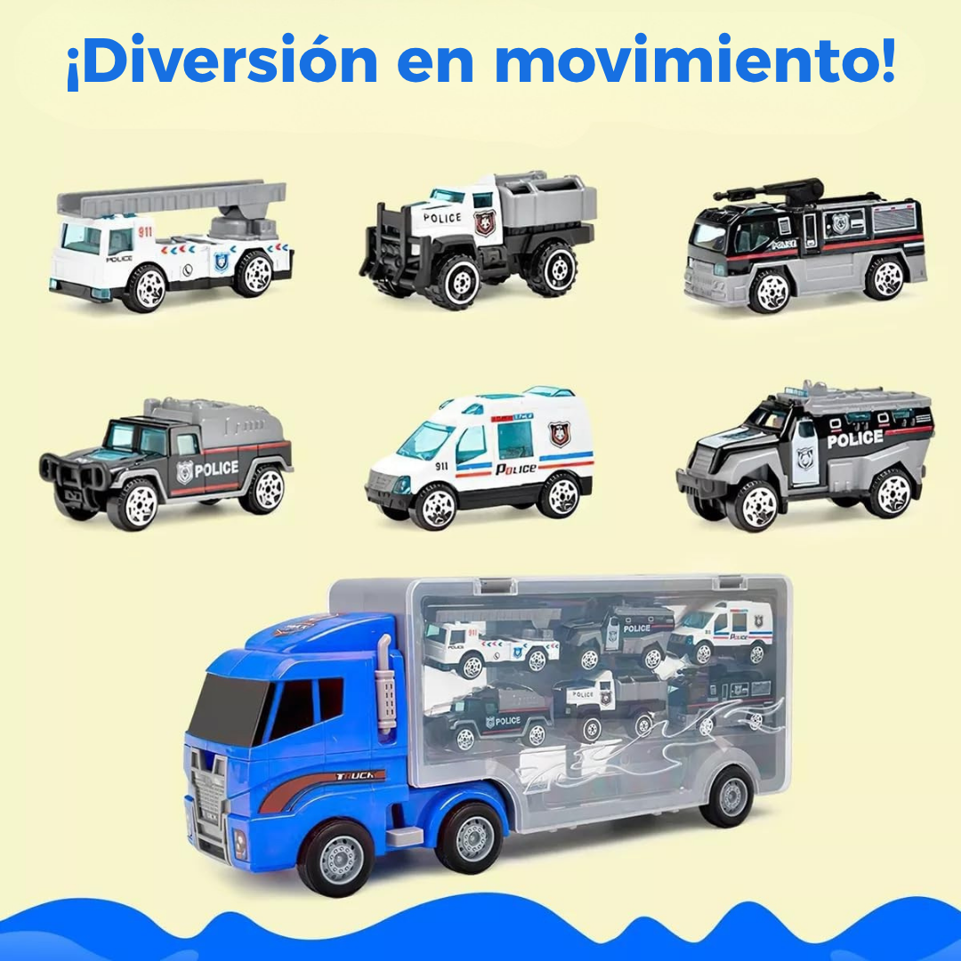 Camión de Policía 7 en 1 – Transportador Didáctico con Mini Vehículos