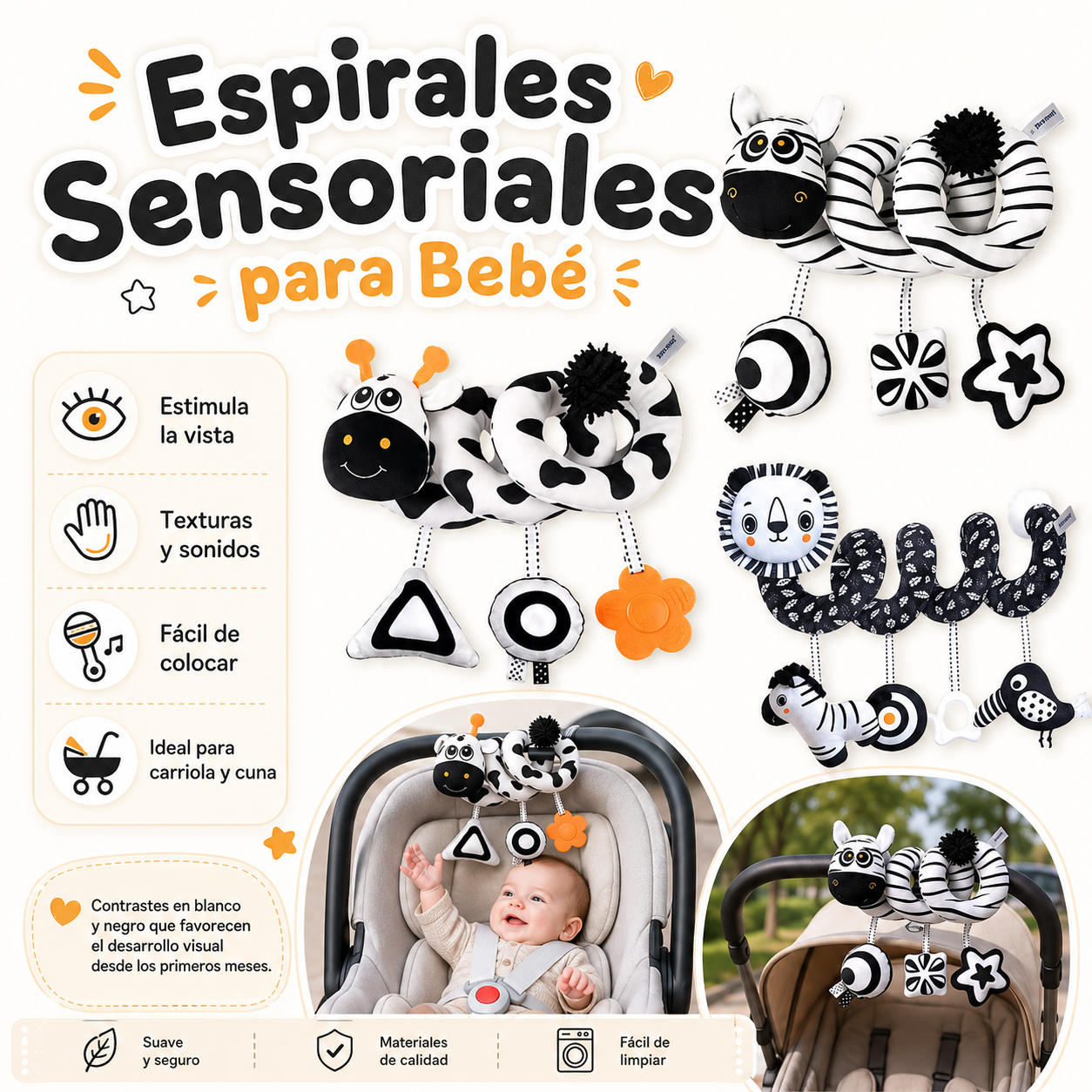 Espiral Sensorial para Bebé blanco y negro – Juguete de Felpa con Colgantes