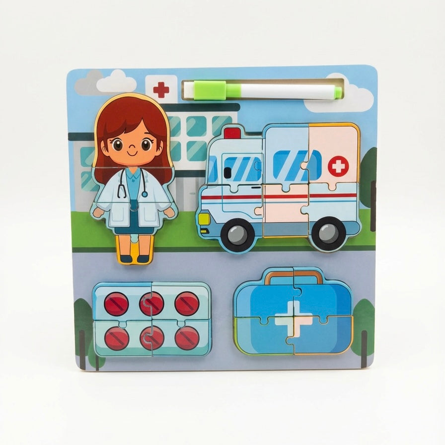 Rompecabezas 2 en 1 de Oficios – Madera + Mini Pintarrón Didáctico