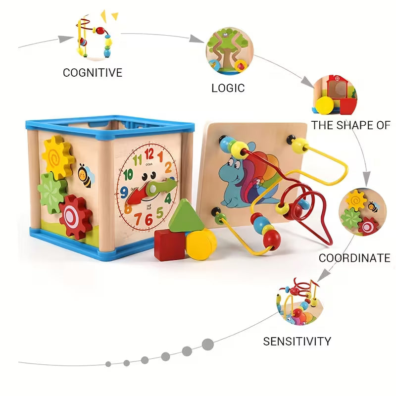 Cubo de Actividades Montessori de Madera – Desarrollo Sensorial 5 en 1