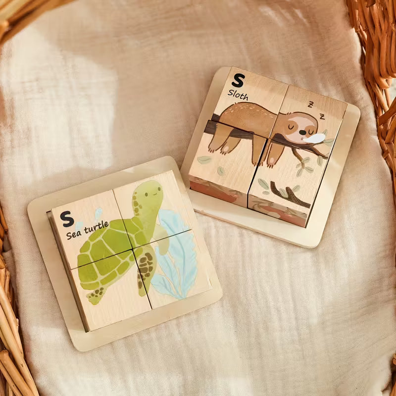 Rompecabezas 6-en-1 Cubos de Madera – Animales Didácticos Montessori