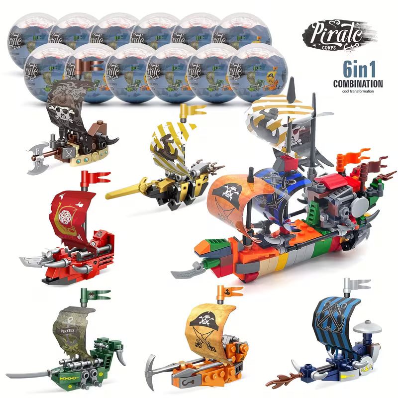 Set de Construcción Pirata 6 en 1 – Barcos Armables en Cápsulas