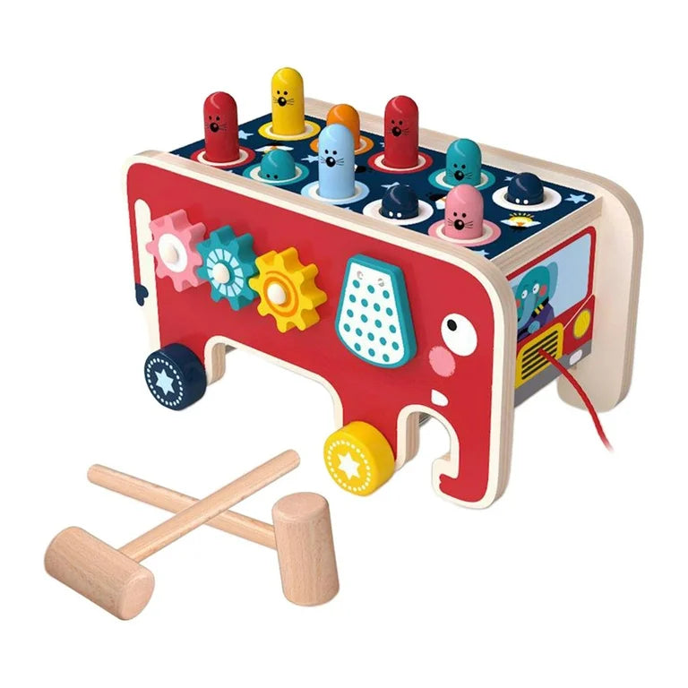 Elefante Montessori de Madera con Doble Martillo y Actividades Sensoriales
