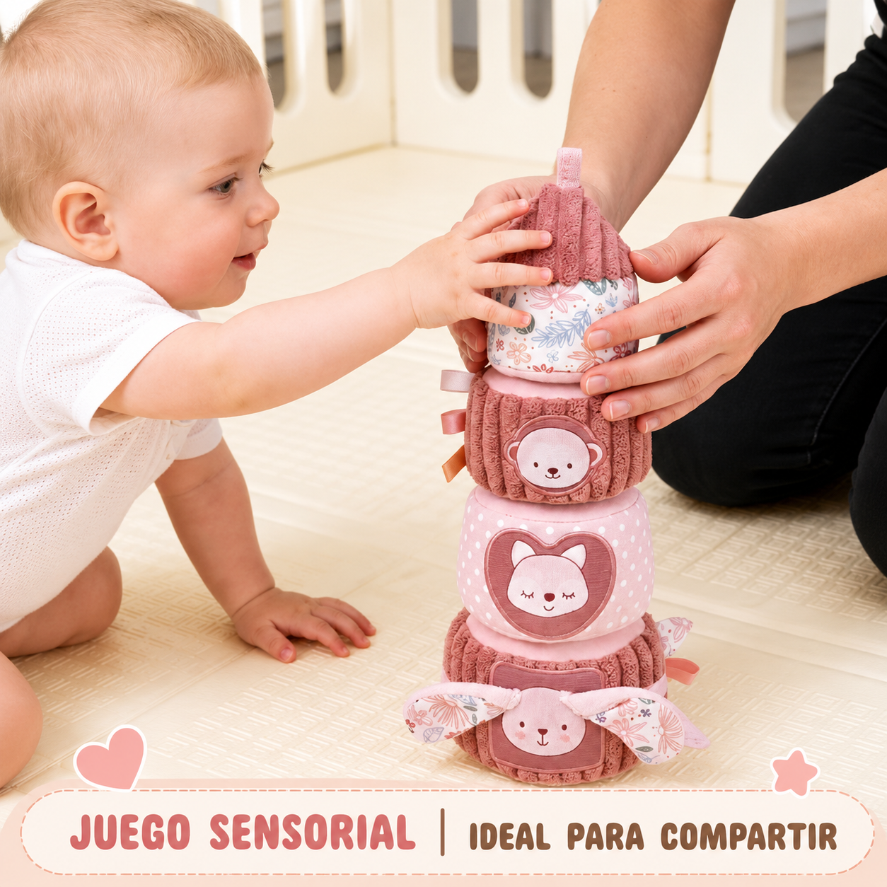 Torre de Apilamiento Sensorial – Bloques suaves para bebé