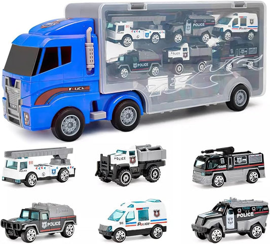 Camión de Policía 7 en 1 – Transportador Didáctico con Mini Vehículos
