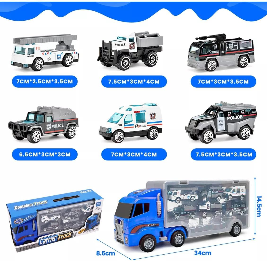 Camión de Policía 7 en 1 – Transportador Didáctico con Mini Vehículos