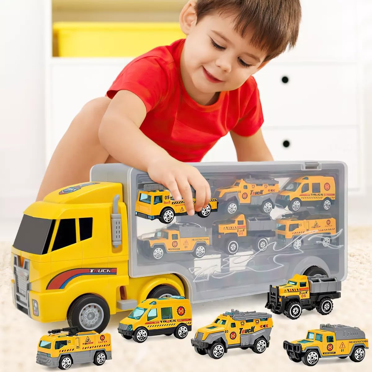 Camión Transportador 7 en 1 – Set Didáctico con Mini Vehículos de Rescate