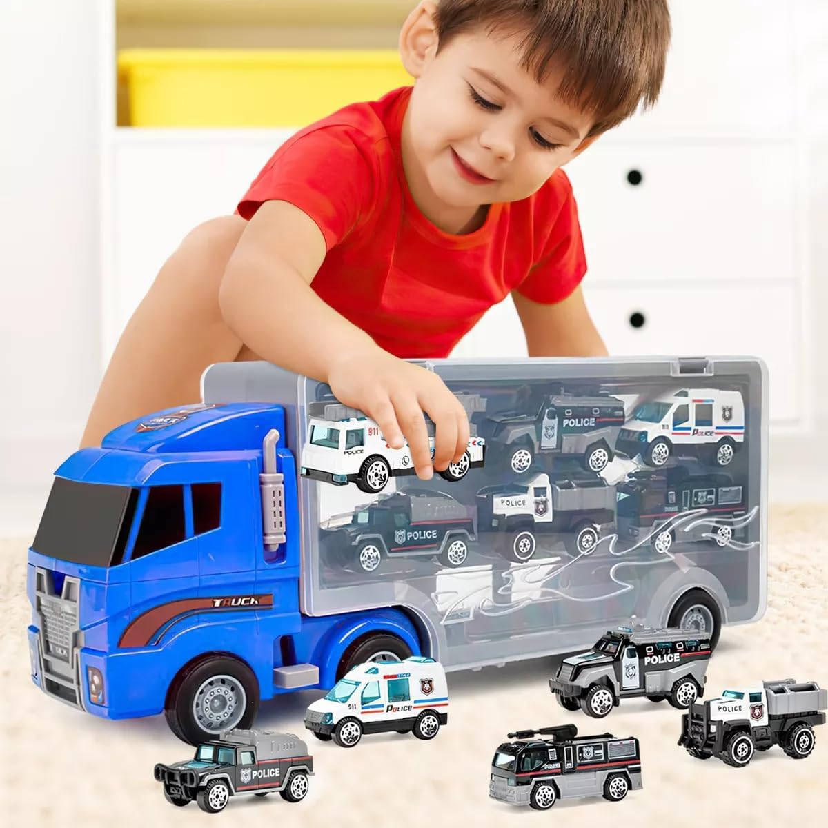Camión de Policía 7 en 1 – Transportador Didáctico con Mini Vehículos