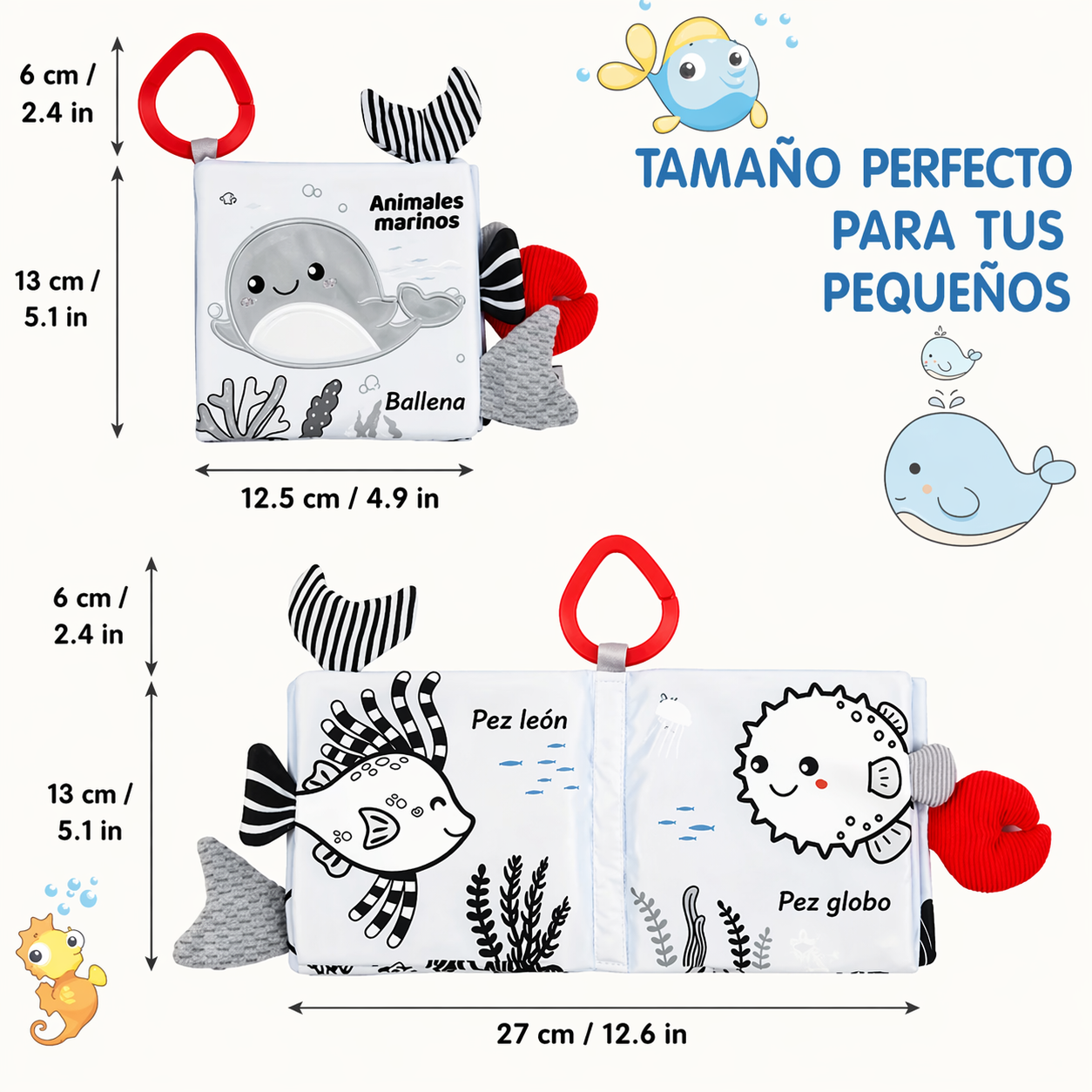 Libro de Tela Búho o Ballena Sensorial para Bebé blanco y negro – Primeros Colores