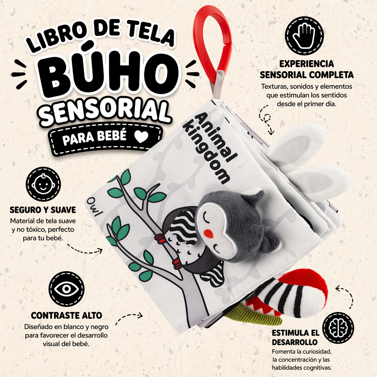 Libro de Tela Búho o Ballena Sensorial para Bebé blanco y negro – Primeros Colores