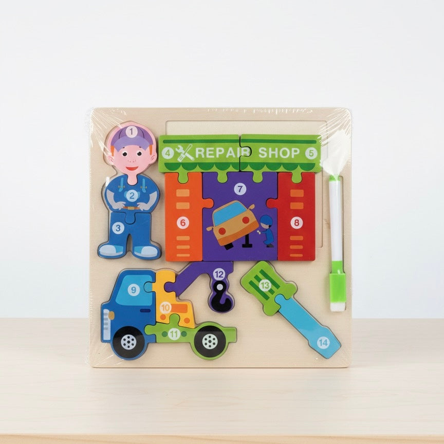 Rompecabezas 2 en 1 de Oficios – Madera + Mini Pintarrón Didáctico