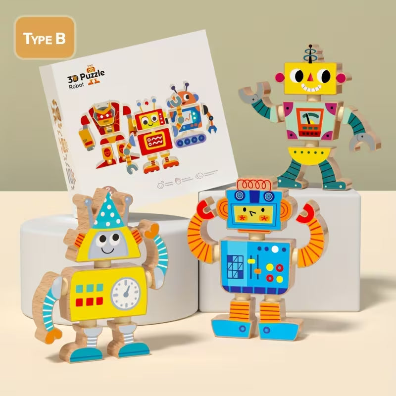 Robots 3D de Madera STEM – Puzzle Didáctico para Armar y Jugar