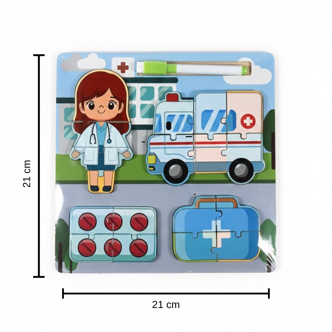 Rompecabezas 2 en 1 de Oficios – Madera + Mini Pintarrón Didáctico