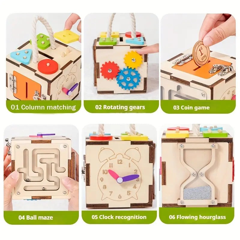 Cubo Sensorial Montessori 6 en 1 – Madera Didáctico Multicolor