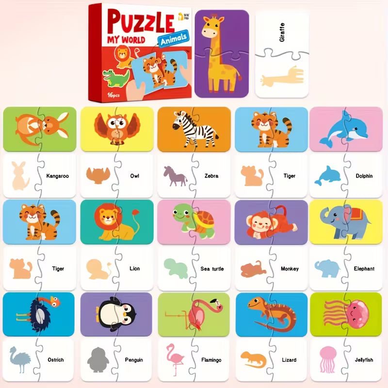 Rompecabezas de 2 Piezas Montessori – Animales, Frutas y Vehículos