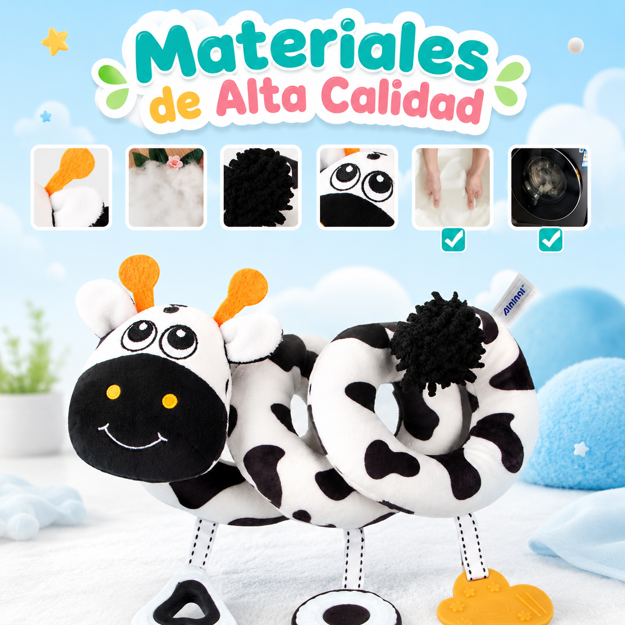 Espiral Sensorial para Bebé blanco y negro – Juguete de Felpa con Colgantes