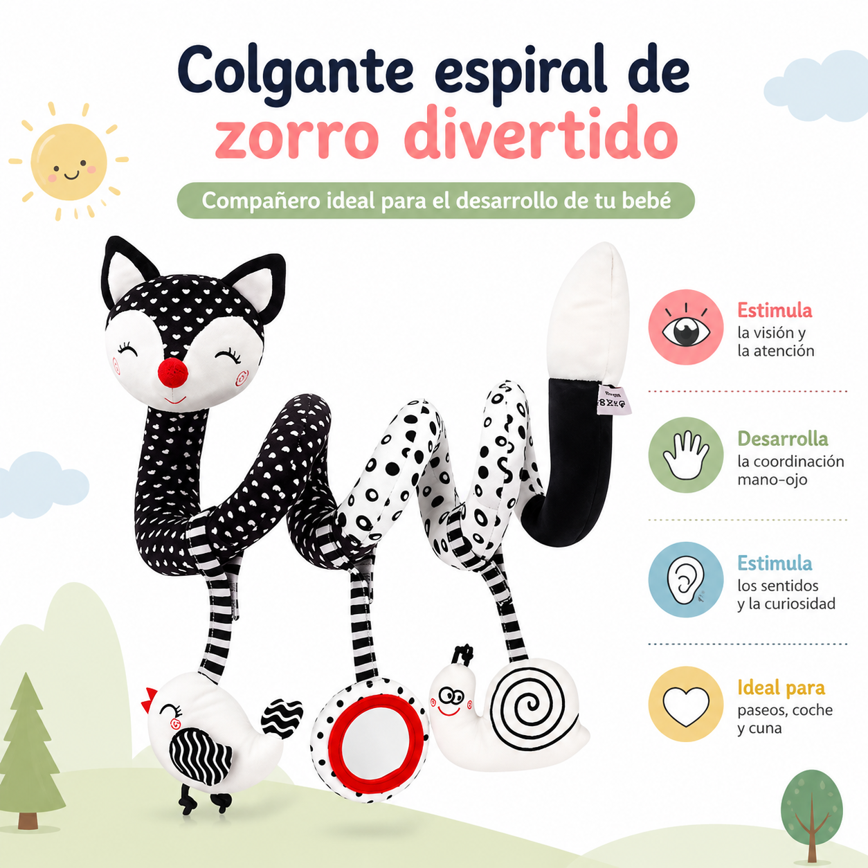Zorro Espiral Blanco y Negro – Juguete sensorial para bebé