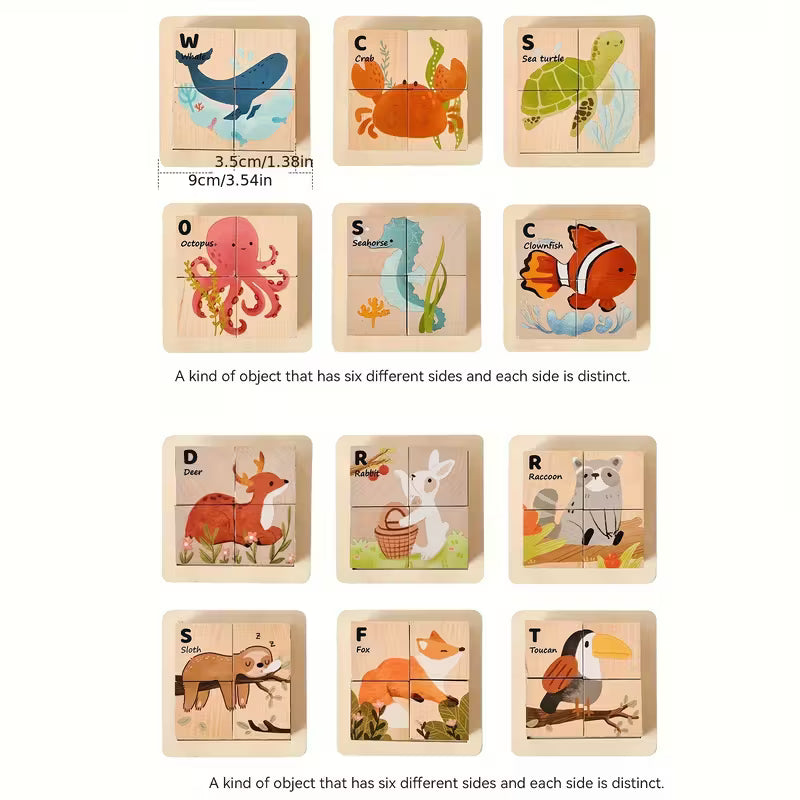 Rompecabezas 6-en-1 Cubos de Madera – Animales Didácticos Montessori