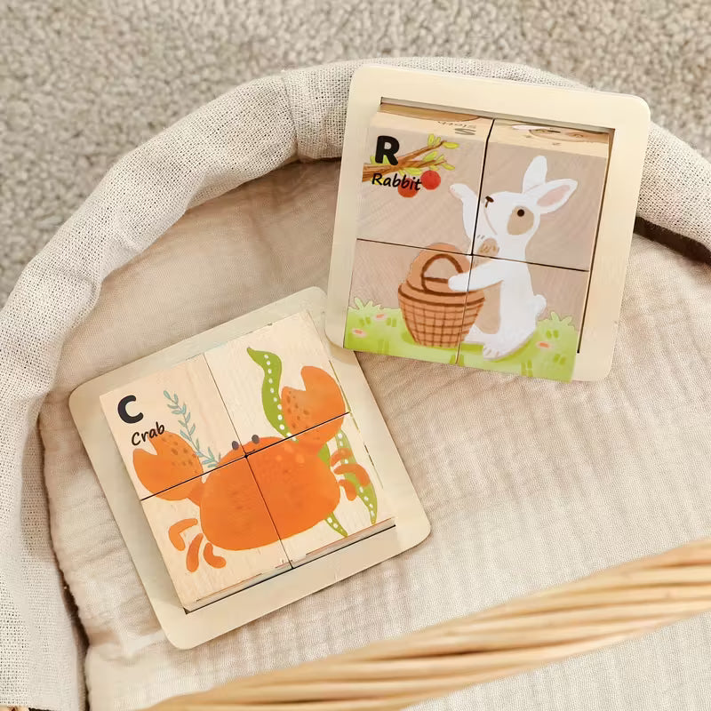 Rompecabezas 6-en-1 Cubos de Madera – Animales Didácticos Montessori
