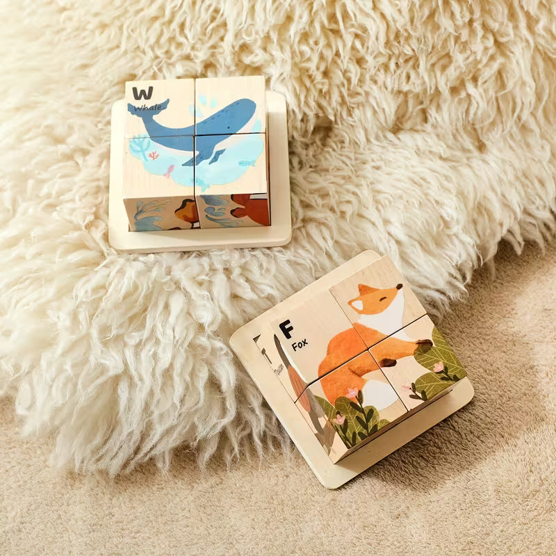 Rompecabezas 6-en-1 Cubos de Madera – Animales Didácticos Montessori