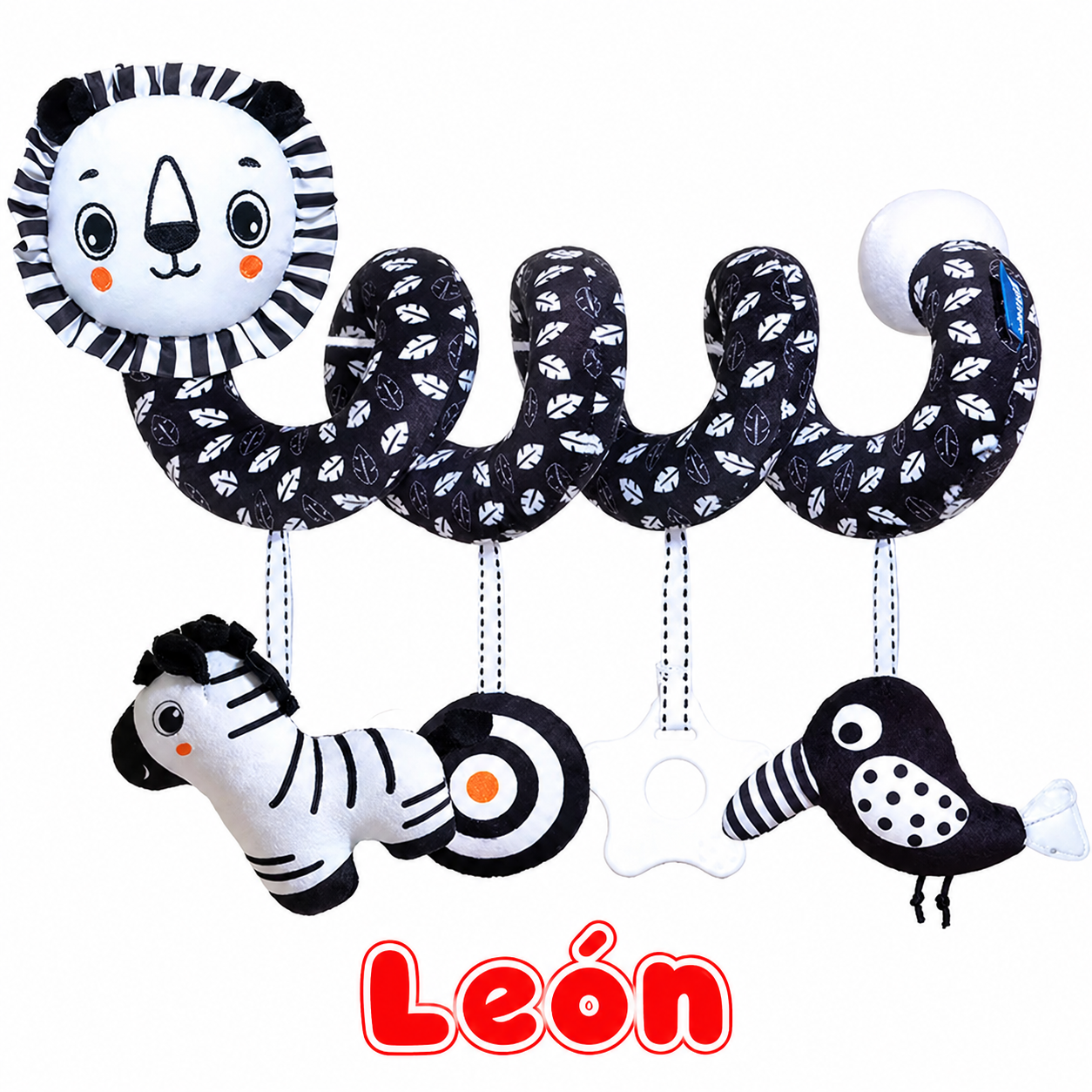 Espiral Sensorial para Bebé blanco y negro – Juguete de Felpa con Colgantes