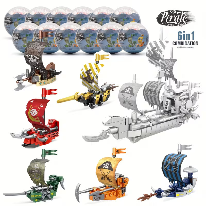Set de Construcción Pirata 6 en 1 – Barcos Armables en Cápsulas