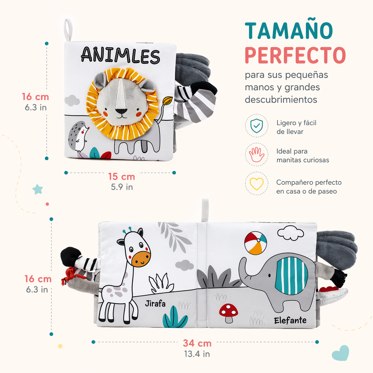 Libro de Tela León Sensorial para Bebé blanco y negro – Primeros Descubrimientos