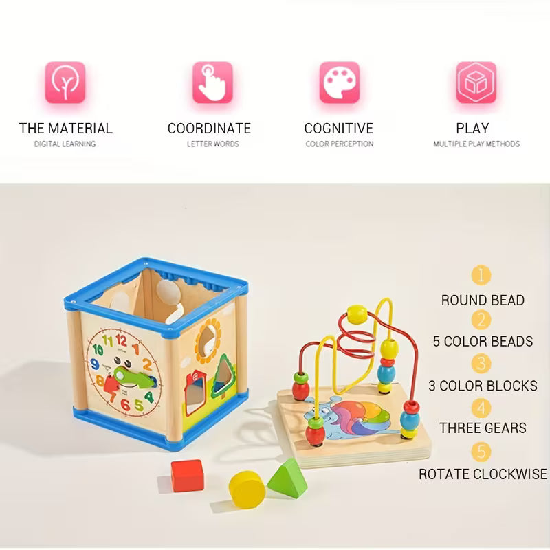 Cubo de Actividades Montessori de Madera – Desarrollo Sensorial 5 en 1