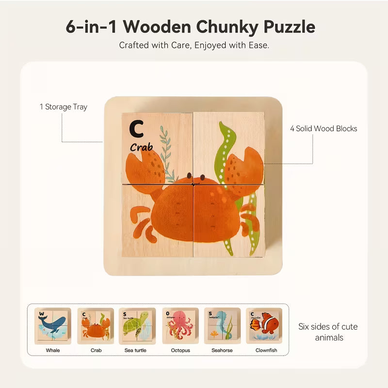 Rompecabezas 6-en-1 Cubos de Madera – Animales Didácticos Montessori