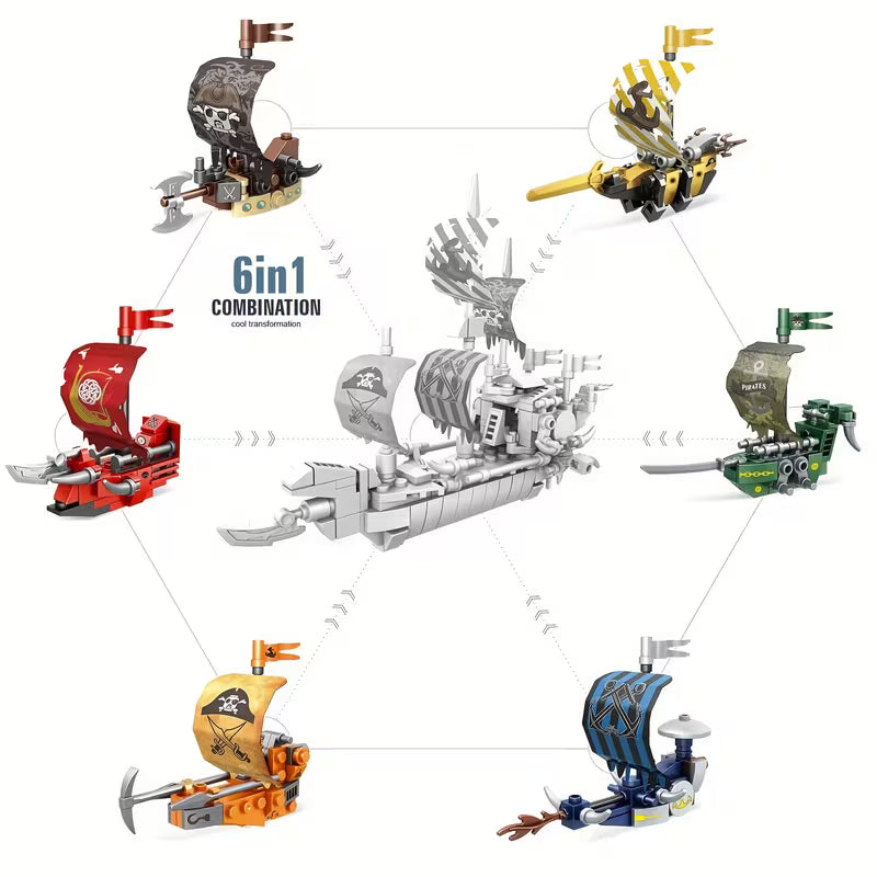 Set de Construcción Pirata 6 en 1 – Barcos Armables en Cápsulas